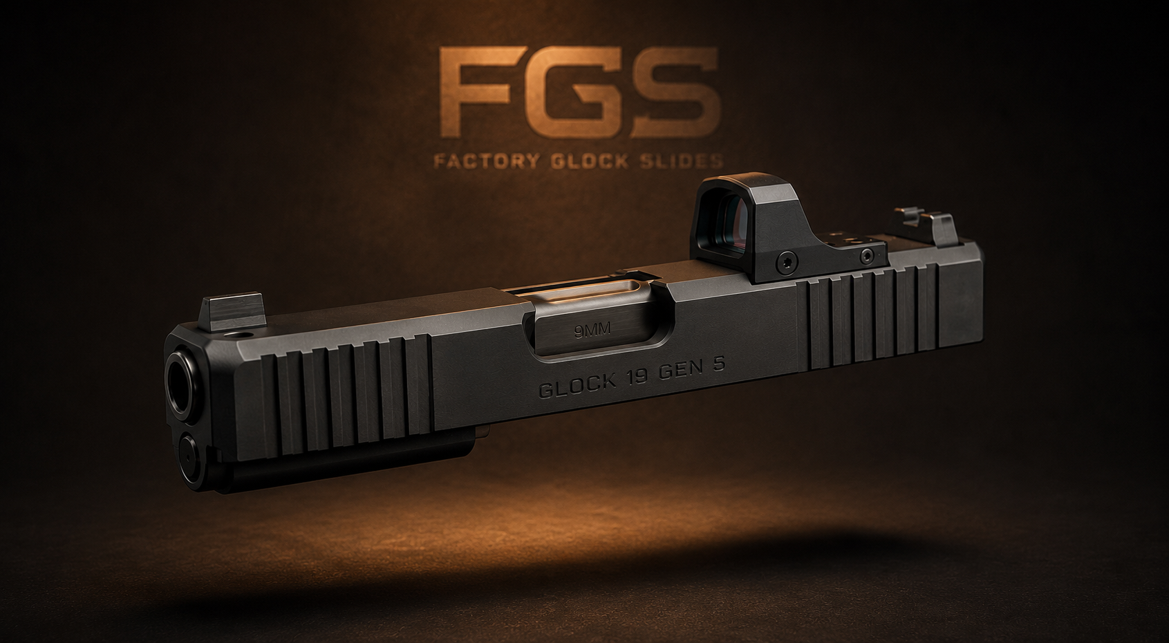Glock 19 Gen 5 optic-ready slide assembly floating on a dark studio background with warm amber lighting and Factory Glock Slides branding