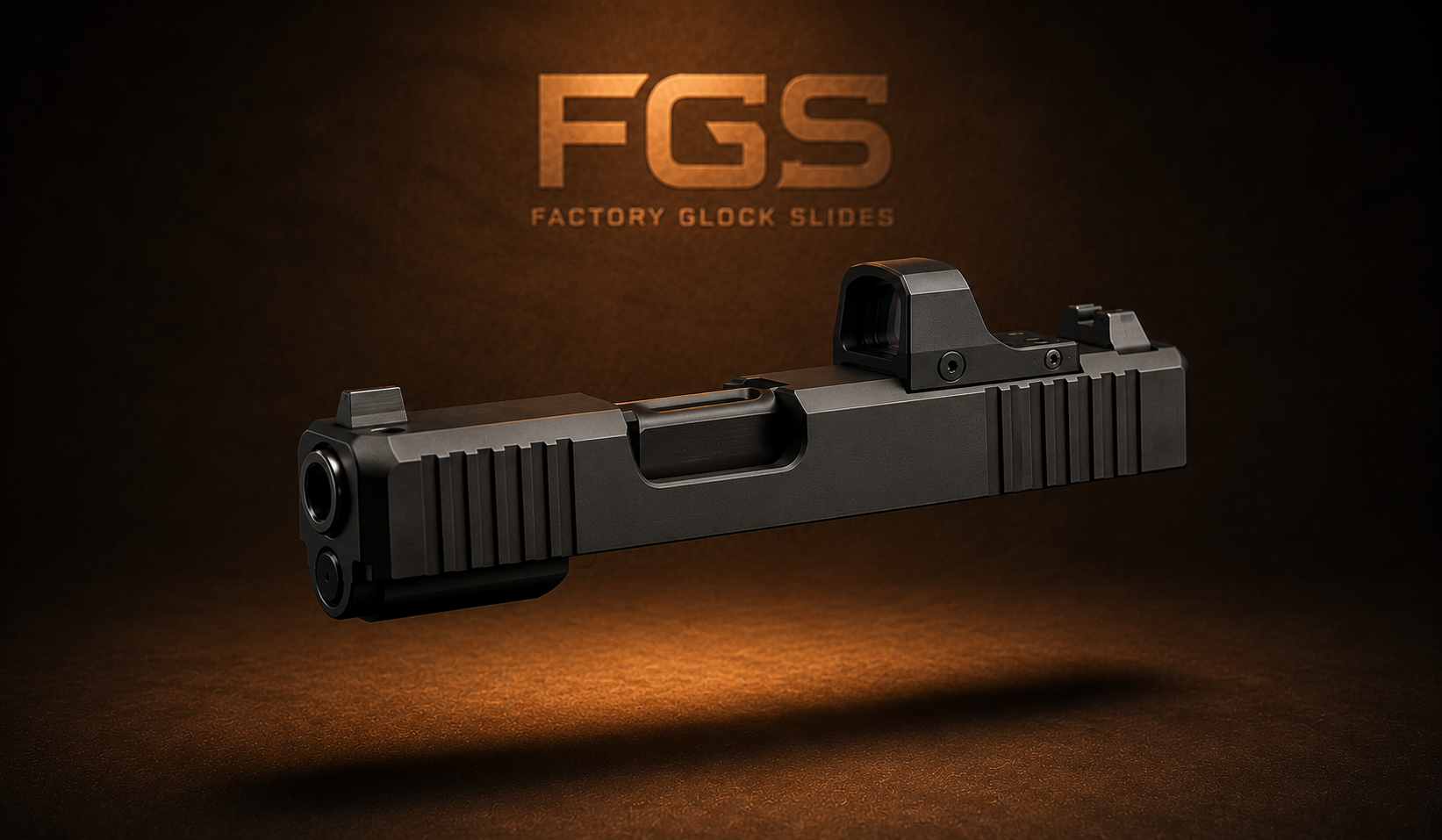 Glock 26 Gen 5 MOS optic-ready slide assembly floating on a dark studio background with warm amber lighting and Factory Glock Slides branding