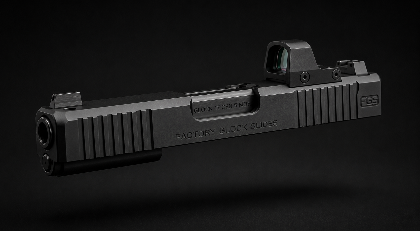 Glock 17 Gen 5 MOS optic-ready slide assembly with precision serrations and red dot cut, floating on a premium black studio background