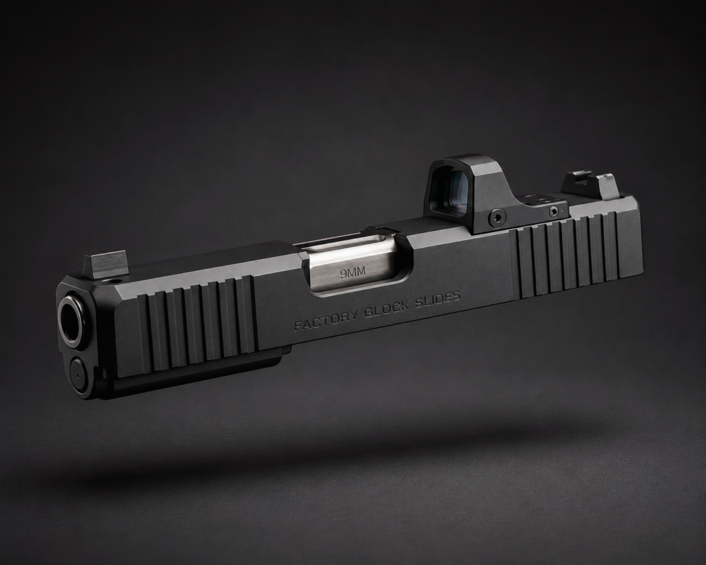 Premium optic-ready OEM Glock slide assembly with precision front serrations and visible barrel on a dark matte background